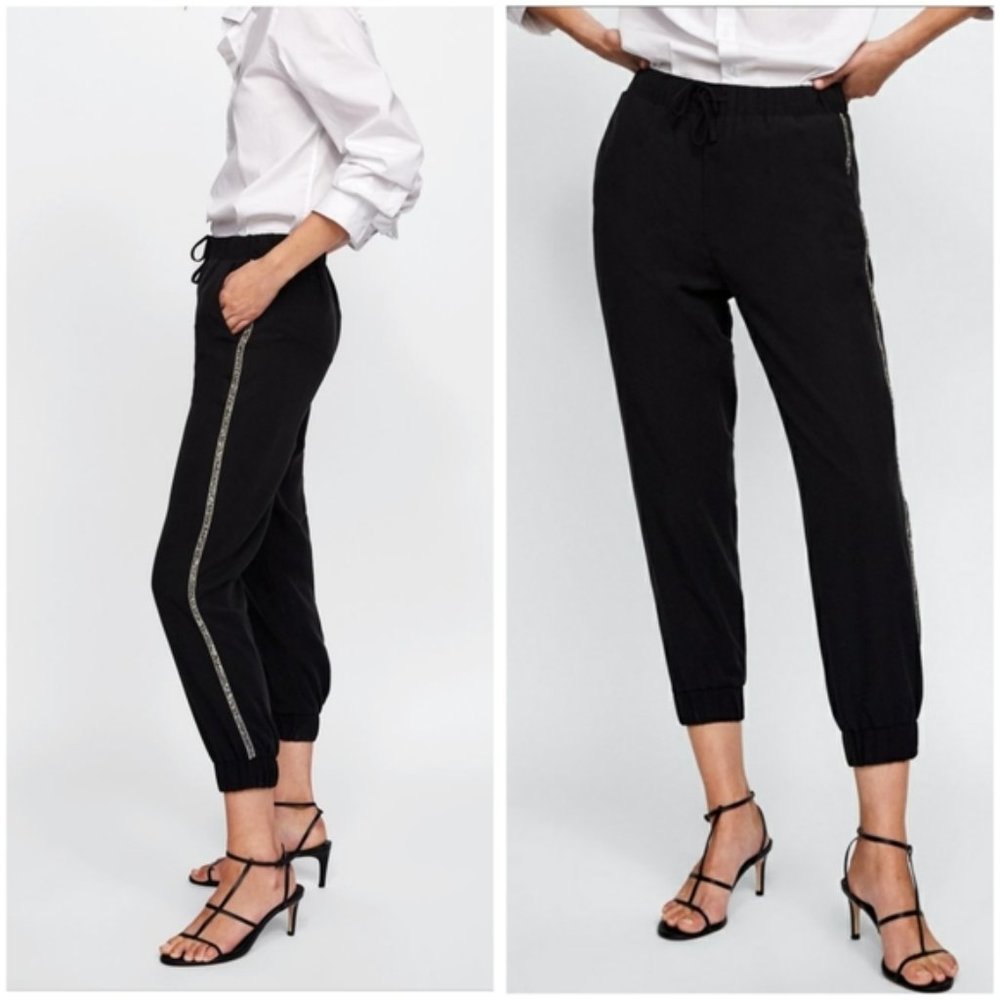 Zara Side Stripe Joggers Black Small